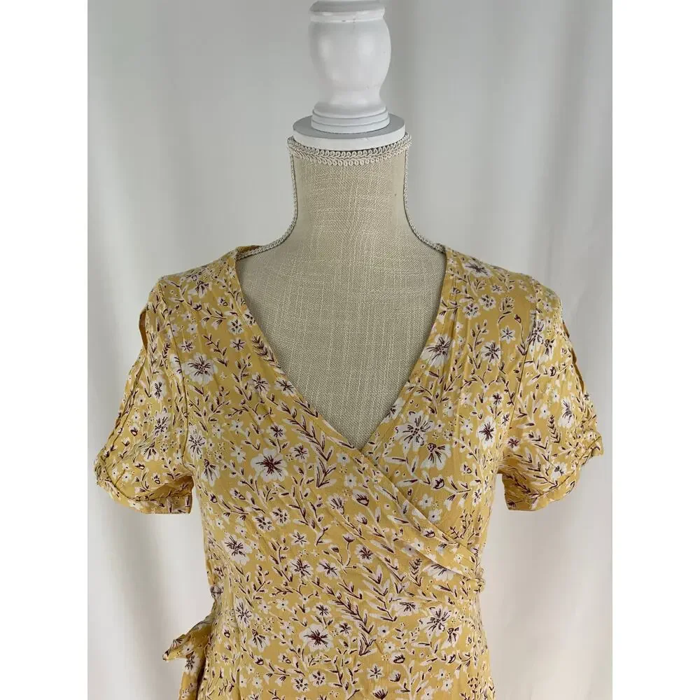Roxy Floral Short Sleeve Wrap Mini Dress Womens Size Small Yellow New